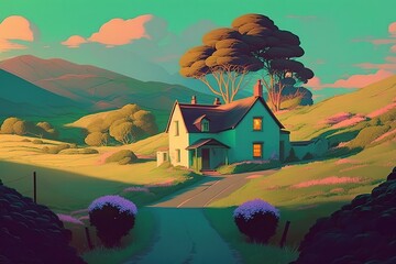 Poster - Beautiful sunset over green fields, rural house with bushes of flowers and green trees. Generative AI