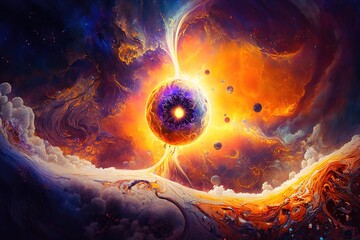 Poster - Fireball above the surface of the planet, dark earth with fiery flames. Generative AI
