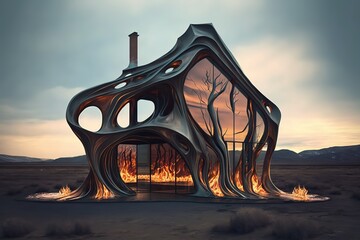 Aufkleber - Architectural building - a house on an empty plain under the evening sky. Generative AI
