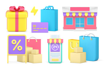 Poster - Shopping goods purchase internet store order sale discount special offer set 3d icon vector