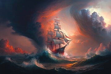 Poster - A beautiful ship with white sails on the high seas with huge waves. Generative AI