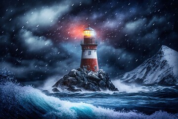 Poster - Lighthouse on a rocky hill near the sea at night. Generative AI