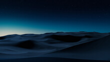 Rolling Sand Dunes Form A Scenic Desert Landscape. Night Wallpaper With Blue Gradient Starry Sky.