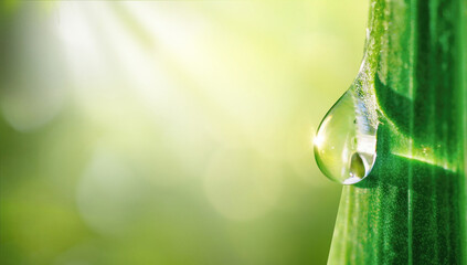 Wall Mural - A beautiful large drop of morning dew in the grass sparkles in the rays of sunlight outdoors in nature. A drop of water on a blade of grass and free space for text.