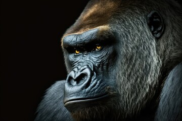 Canvas Print - A lovely picture of a gorilla. Male gorilla on black background, closeup face of a gorilla. Generative AI