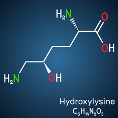 Sticker - Hydroxylysine, Hyl molecule. It is amino acid, human metabolite. Structural chemical formula on the dark blue background.