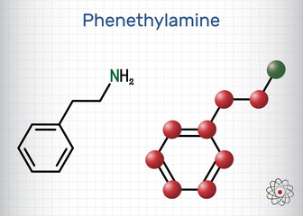 Sticker - Phenethylamine, PEA molecule. It is monoamine alkaloid, central nervous system stimulant in humans. Structural chemical formula, molecule model. Sheet of paper in a cage