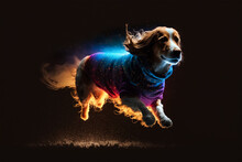 Dog Running In The Dark Background With Wearing Neon Sweater. Generative AI