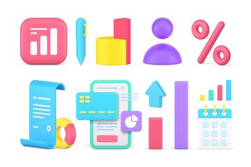Poster - Business accounting statistic data analyzing financial report information set 3d icon vector