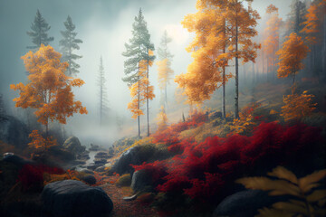 Poster - A beautiful landscape shot of a Scandinavian forest in autumn, with colorful leaves and misty fog adding to the serene atmosphere. Generative AI technology.