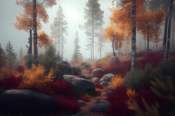 Poster - A beautiful landscape shot of a Scandinavian forest in autumn, with colorful leaves and misty fog adding to the serene atmosphere. Generative AI technology.