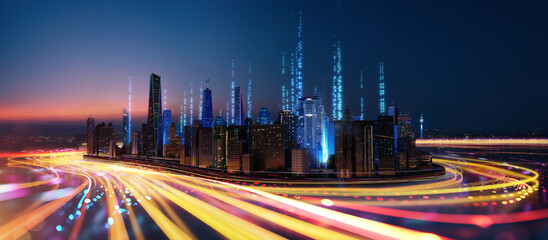 Poster - 3d abstract speed light flow through the city with gradient and aesthetic intricate lighting design