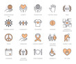Charity flat line icons set. Donation, nonprofit organization, NGO, giving help vector illustrations. Outline signs for donating money, volunteer community. Orange color. Editable Stroke
