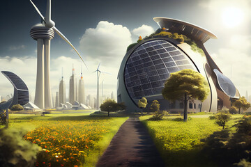 Poster - Sky-high buildings: One possible image could be a view of a futuristic city with tall, sleek, and modern buildings stretching up towards the sky.  Generative AI technology.