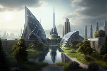 Poster - Sky-high buildings: One possible image could be a view of a futuristic city with tall, sleek, and modern buildings stretching up towards the sky.  Generative AI technology.