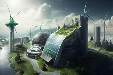 Poster - Sky-high buildings: One possible image could be a view of a futuristic city with tall, sleek, and modern buildings stretching up towards the sky.  Generative AI technology.