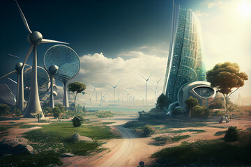 Poster - Sky-high buildings: One possible image could be a view of a futuristic city with tall, sleek, and modern buildings stretching up towards the sky.  Generative AI technology.