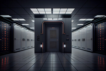 Poster - An artistic rendering of a data center with a futuristic and sleek design, indicating the role of technology and innovation in data management. Generative AI technology.