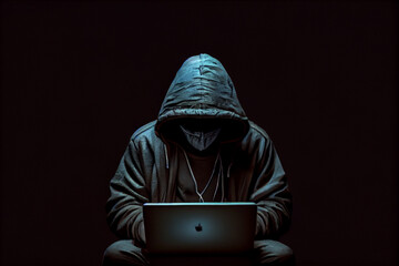 Aufkleber - A person in a hoodie typing on a laptop while sitting in a darkened room, which is a stereotype of a hacker but may also convey a sense of clandestine activity and technical expertise.