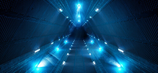 Aufkleber - Futuristic interior corridor with blue neon lights walls. Triangle shaped spaceship background in space station. Pyramid style tunnel with lit path way. Cyber room with laser. 3d rendering