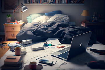Fototapete - Laptop at their home desk, with a cup of coffee and some plants in the background. The image aims to show the cozy and comfortable environment of working from home. Generative AI technology.