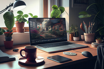 Fototapete - Laptop at their home desk, with a cup of coffee and some plants in the background. The image aims to show the cozy and comfortable environment of working from home. Generative AI technology.