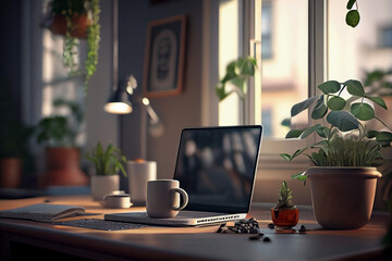 Fototapete - Laptop at their home desk, with a cup of coffee and some plants in the background. Generative AI technology.