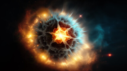 Fototapete - View of the birth of a star in space during a nebula explosion. Nuclear fusion of cosmic clouds of gas and dusts. Universe background. Generative ai