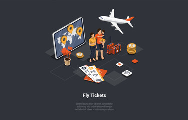 Online Buying Fly Tickets With App, Traveling by Plane Concept. Family Is Waiting For Departure In Airport. Characters Getting Boarding Pass And Check In Luggage. Isometric 3d Vector Illustration