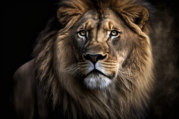 Poster - lion portrait on black. Generative AI