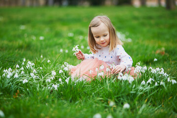 Wall Mural - Preschooler girl in pink tutu skirt sitting in the grass with many snowdrop flowers in park or forest on a spring day