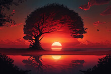 Intense Red Sunset, Tree Silhouette, River And Sun. Generative Ai Landscape Illustration
