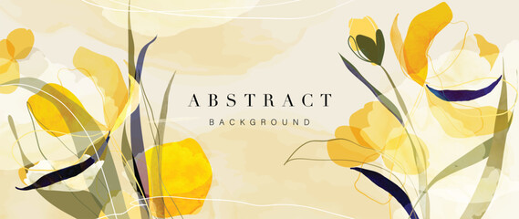 Wall Mural - Abstract floral art background vector. Botanical watercolor hand drawn flowers paint brush line art. Design Illustration for wallpaper, banner, print, poster, cover, greeting and invitation card.