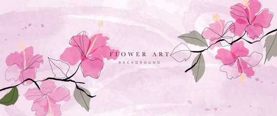 Wall Mural - Abstract floral art background vector. Botanical watercolor hand painted pink hibiscus flowers, leaf branch line art. Design for wallpaper, banner, print, poster, cover, greeting, invitation card. 