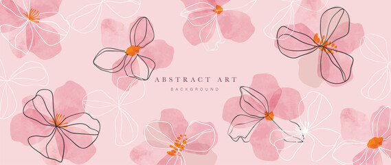 Wall Mural - Abstract floral art background vector. Botanical watercolor hand painted pink flowers with black and white line art. Design for wallpaper, banner, print, poster, cover, greeting, invitation card. 