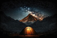 A Tent Pitched In The Mountains, Surrounded By Breathtaking Views Of Nature. The Simple Setup Highlights The Beauty. Generative AI