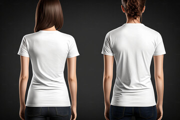 T-shirt mockup. White blank t-shirt front and back views. Female and male clothes wearing clear attractive apparel tshirt models template, Generative IA