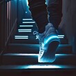 closeup of sneakers with a blue neon-lit sole while walking up a brightly lit staircase, seen from behind step stair sole stabile modern design hurry running sport shoe comfortable shop Generative AI 