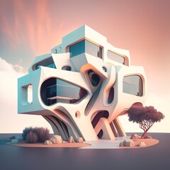 Playful surreal architecture. Super modern extravagant house. generative ai. Surreal modern villa. Futuristic luxury geometric architecture home storey dissymmetrical Generative AI