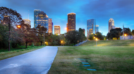 Wall Mural - Houston, Texas, USA downtown park and skyline at twilight.