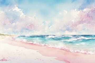 Realistic Sea beach background in watercolor style pink pastel color tone. Generative ai.