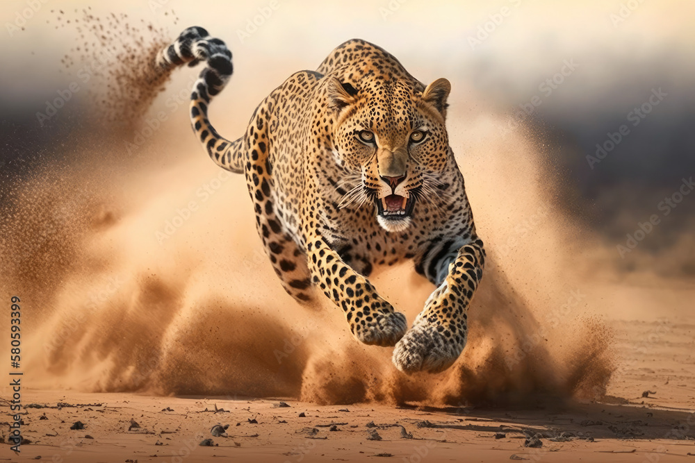a large leopard running across a dirt field, a photorealistic