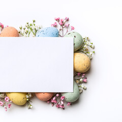 Wall Mural - Easter composition of Easter quail eggs, flowers, paper blank over white background. Spring holidays concept with copy space. Overhead shot