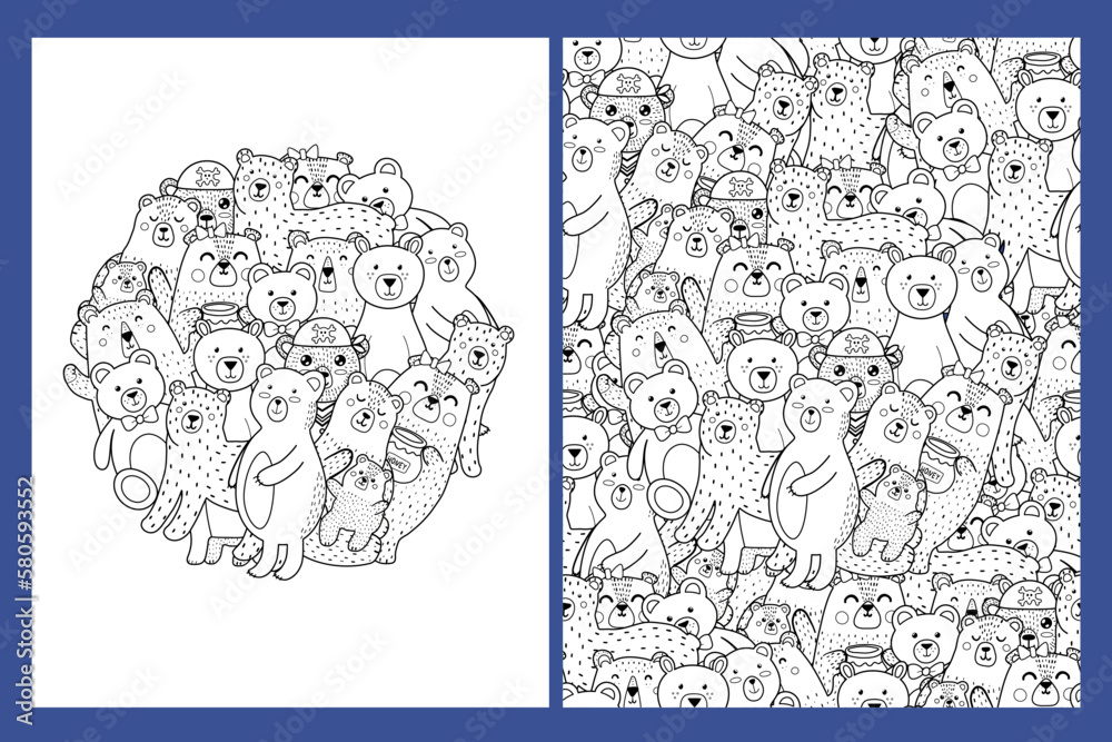Coloring pages set with cute bears Doodle forest animals templates for