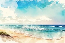 Realistic Sea Beach Background In Watercolor Style Pink Pastel Color Tone. Generative Ai.