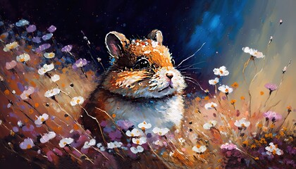 Wall Mural - illustration of cute animal smile face in spring flower gardens, idea for children room wall decor or animal wallpaper, squirrel, Generative Ai