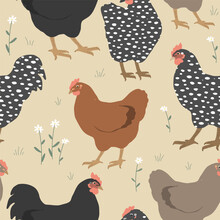 Seamless Spring Pattern With Cute Chickens And Flowers. Vector Graphic Illustration.