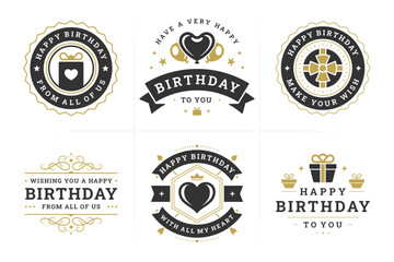 Wall Mural - Happy birthday black luxury ornate vintage label and badge set for greeting card design vector flat