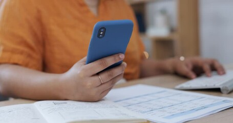 Leinwandbilder - Business woman, hands and typing, phone and communication with technology, respond to text and chat on social media. Email, notification and message, female working and contact, desk and paperwork