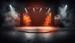© QuietWord - spotlights shine on stage floor in dark room, idea for background backdrop, abandon room or warehouse, Generative Ai